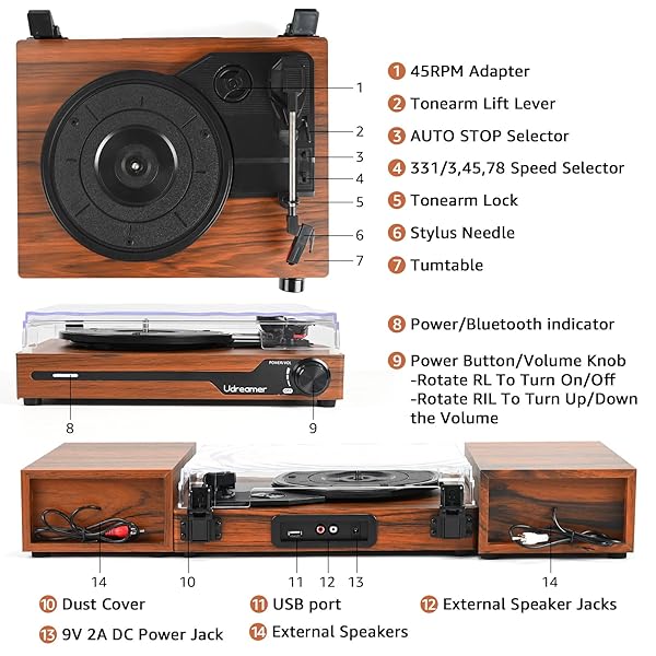 VINYL RECORD PLAYER WITH SPEAKERS,BLUETOOTH PORTABLE TURNTABLE FOR VINYL RECORDS,PHONOGRAPH LP PLAYER WITH 3 SPEED USB RCA IN VINTAGE BROWN