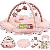 5-in-1 Plush Baby Play Gym, Activity Mat with Convertible Gym and Pillow, 6 Sensory Toys, Play Center from Newborn to Toddler, Pink