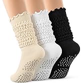 Tivi Tovo 3 Pairs Pilates Grip Ruffle Socks for Women Yoga Grippy Ruffle Long Slouch Sock Non Slip Barre Hospital Socks