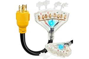 WYM world 30 Amp to 20 Amp 110 Generator RV Electric Cables, NEMA L14-30P to 4X 5-15R/5-20R Generator Distribution Adapter 4 Prong 30 Amp to 15 Amp/20Amp with Lighted End STW 10 AGW 1FT