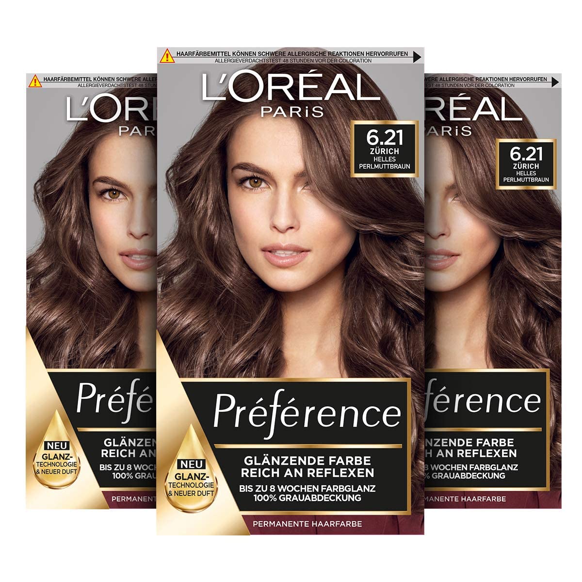 L'Oréal Paris Permanent Hair Colour, Hair Dye Set with Coloration and Gloss Care Balm, Préférence, 6.21 Light Pearlescent Brown (Zurich), Set of 3 — image 1