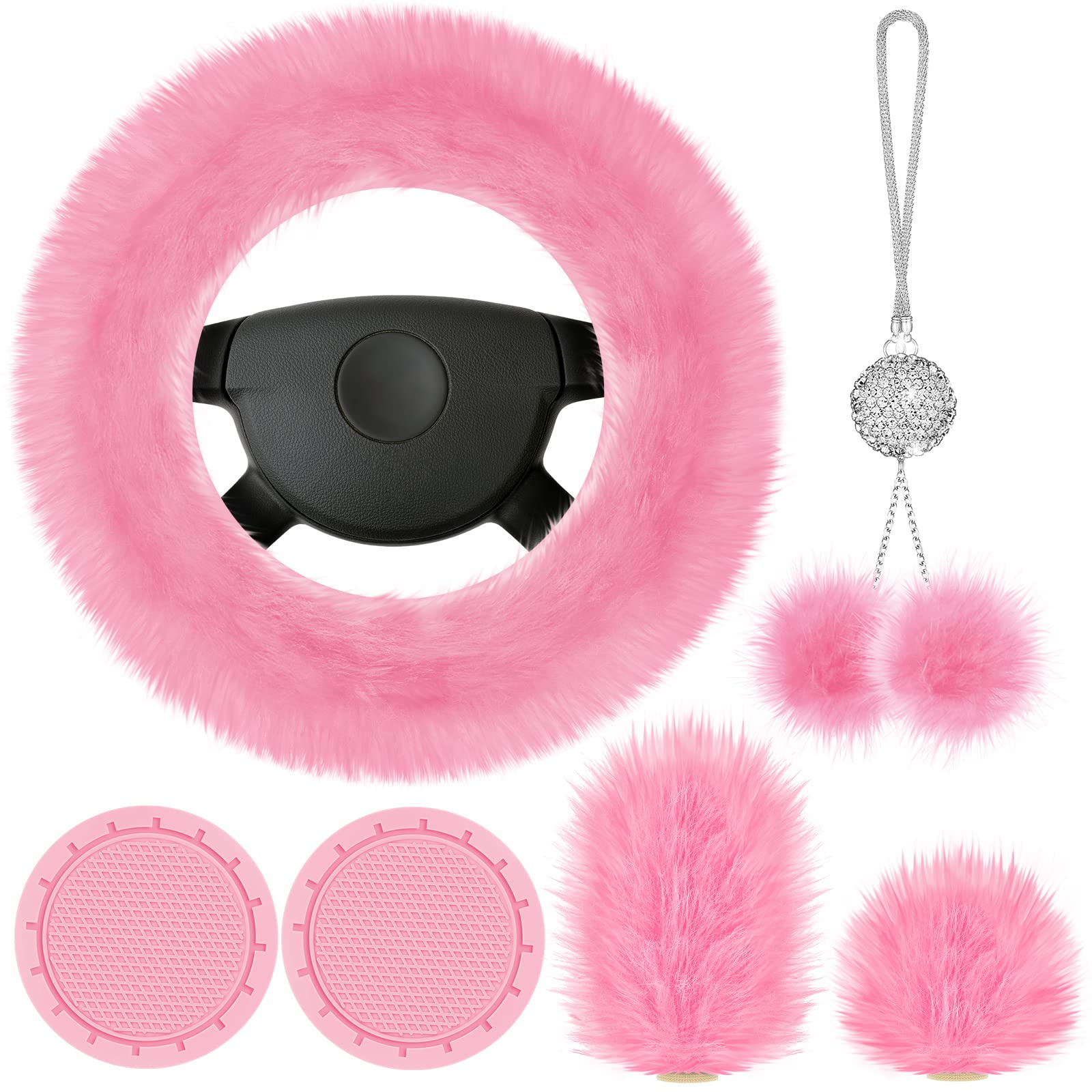 Photo 1 of Frienda 6 Pieces Fluffy Car Accessories Set Fluffy Steering Wheel Cover Soft Fuzz Handbrake Gear Shift Cover Bling Mirror Fuzz Bling Car Pad Decoration(Pink)