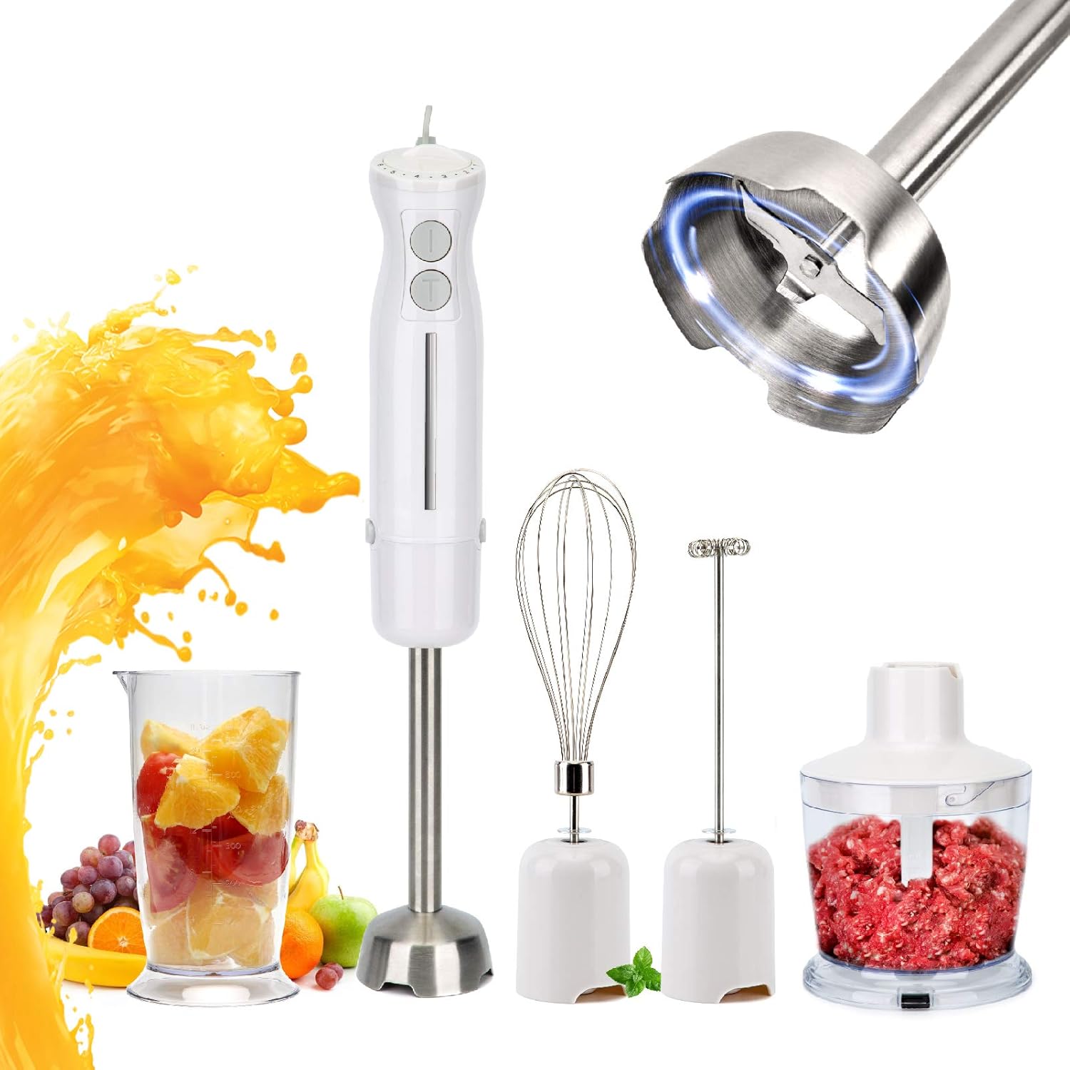 Immersion Hand Blender, Handheld Blender , 5-in-1 Multi-Function Stick Mixer, 600w 10 Speed Manual Mixer With Turbine, Mixer For Food Whipping, Milk Mixer/Egg Mixer,/Mortar and Beaker/Measuring Cup