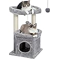 PEQULTI Cat Tree Tower for Indoor Cats with Private Cozy Cat Condo, Natural Sisal Scratching Posts and Plush Pom-pom for Small Cats
