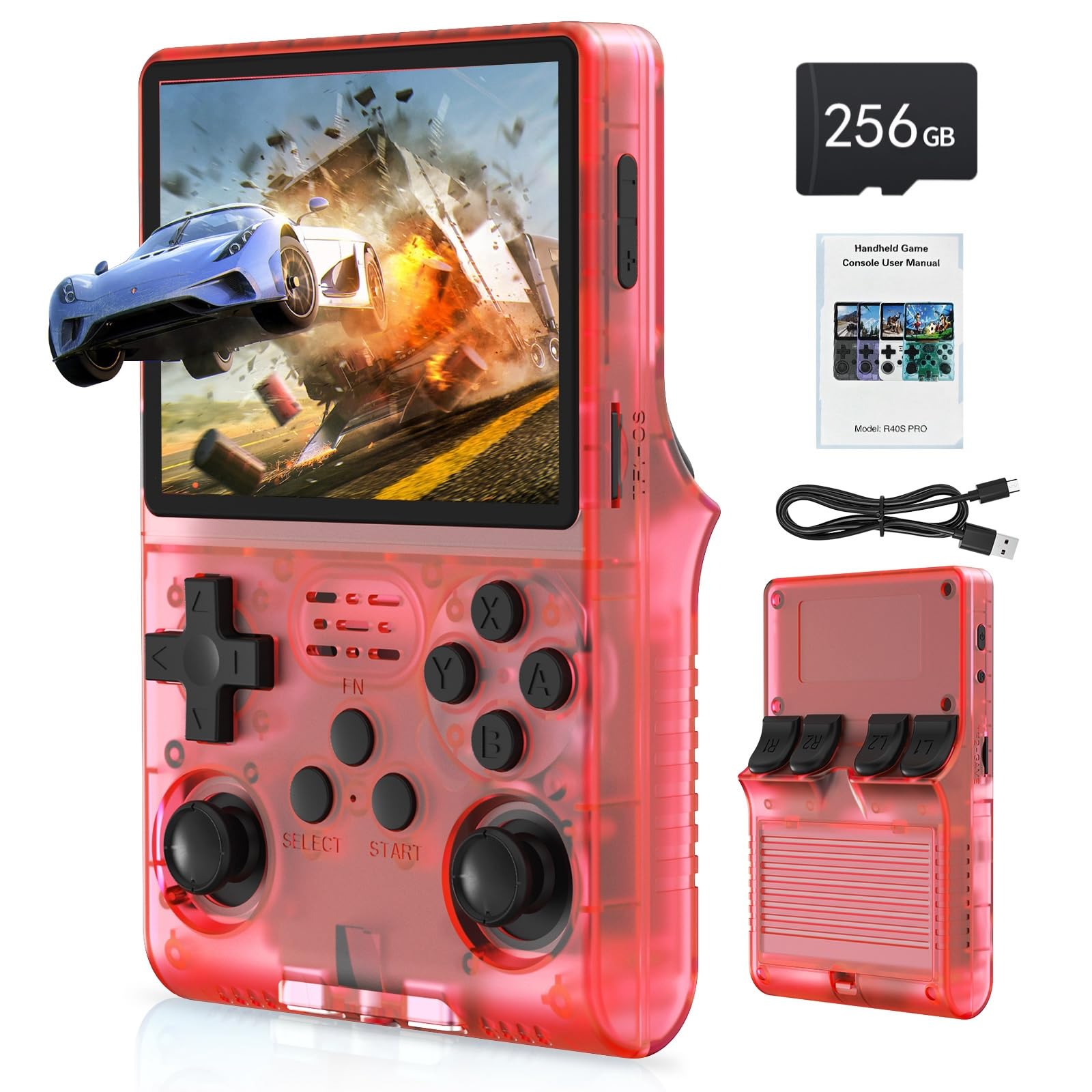 Photo 1 of FVBADE[30000 in 1 R40S PRO Handheld Game Console 3.5 inch IPS Screen Mini Retro Console 3800mAh Portable Pocket Arcade 45+ Mainstream Emulator 256G TF Card Transparent.(Red)