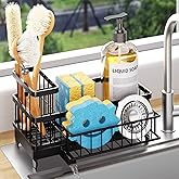 Consuemst Sponge Holder for Kitchen Sink - Auto Draining Sink Caddy Organizer with Detachable Rack, High Brush Holder, Kitchen Countertop Storage Accessories, Black