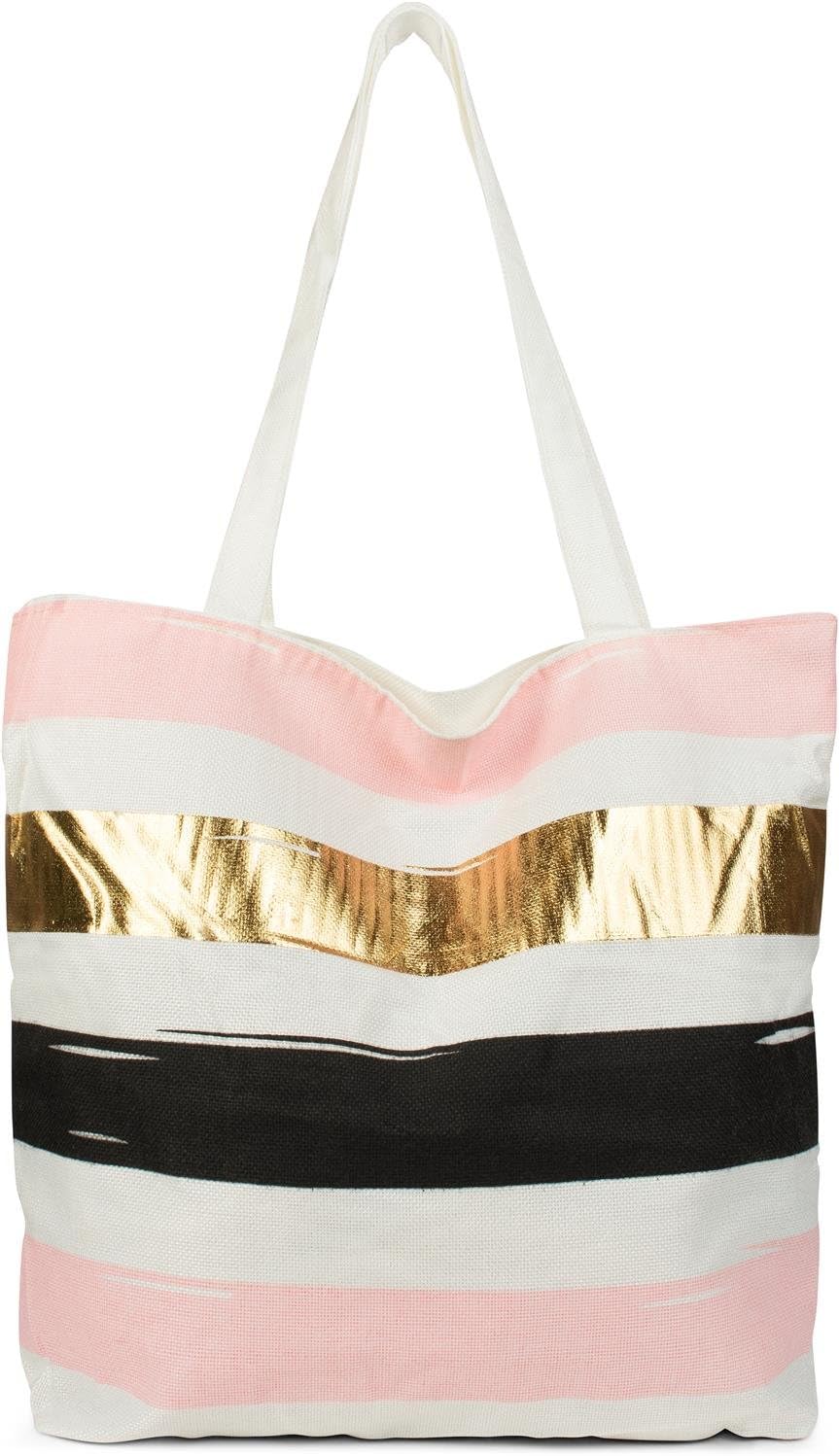 Small Beach Bag in Striped Print, Zip, Shopping Bag, Cloth Bag, Women 02012221, Color:White-Rose-Gold-Black