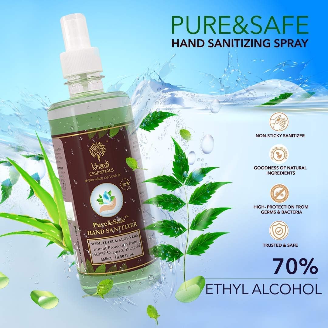 buy khadi essentials pure safe 70 alcohol multi purpose sanitizer with neem tulsi aloe vera extracts 2000ml 2l hand sanitizer 550ml sanitizer spray online at low prices in india amazon in