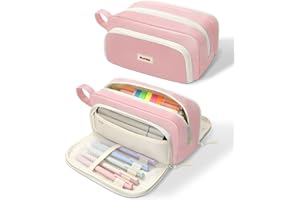 SUNEE Large Pencil Case, Big Capacity Pen Pouch with 3 Compartments, Kawaii Cute Pencil Bag with Zipper, High Storage Stationery Holder and Organizer, School Supplies for Teen and Adult Girls, Pink