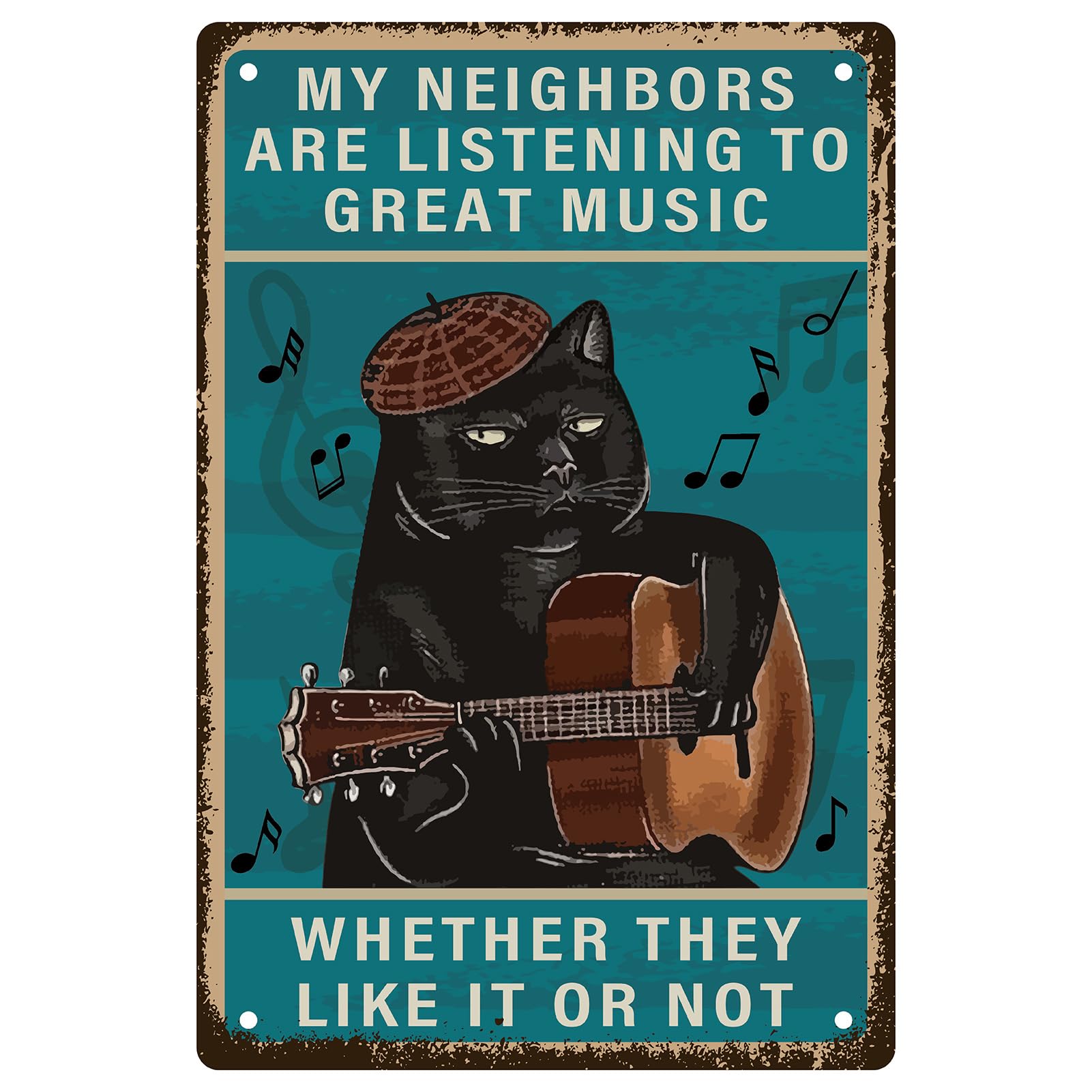 CREATCABIN Cat Guitar Metal Signs Rock Music Tin Sign Vintage Plaques Retro Posters Decor Gallery Wall Art Print Hanging Painting with Quotes for Coffee Bar Home Cafes Man Cave Gifts 8x12 Inch
