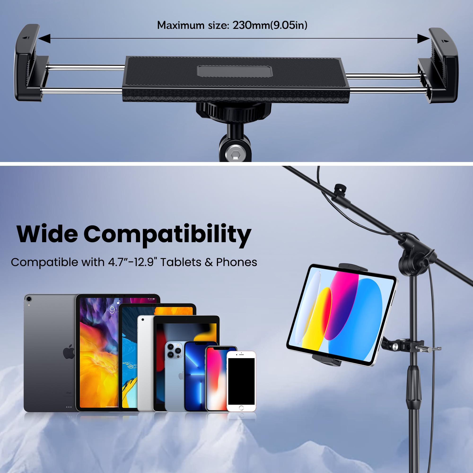 CreaDream Tablet Holder for Microphone Stand, Aluminum Mic Music Stand Holder Mount for Phone and iPad, Adjustable Tablet Holder Compatible with Devices from 4.7 to 13 inch Tablets & Smartphones