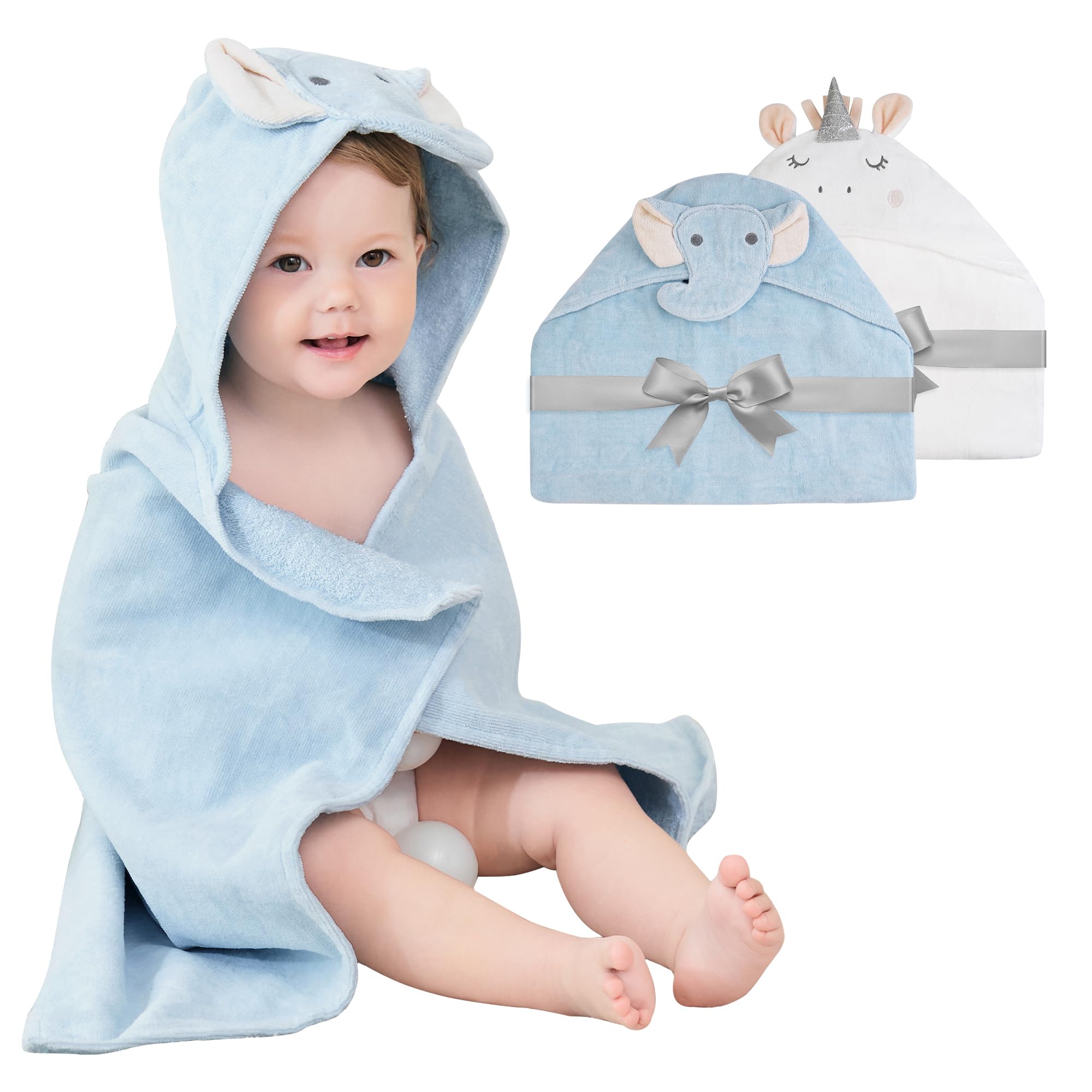 Photo 1 of Softan 2 Pack Baby Hooded Towels, Premium Soft Cotton Baby Bath Towels with Hood, Extra Thick and Super Absorbent, Essential for Newborns, Infants and Toddlers (Blue Elephant & White Unicorn)