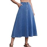 HUSKARY Women's Stretchy High Wasited A Line Long Maxi Jean Skirt Below Knee Length Flared Midi Denim Skirts with Pockets