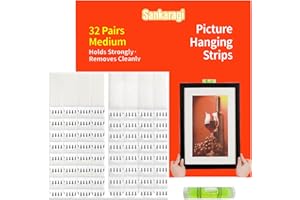 SANKARAGI 32-Pairs(64strips) Medium Picture Hanging Strips,Picture Hanger Kit,Removable Hook and Loop Strips Damage Free,Picture Hangers Adhesive Strips Perfect for Wall Art Hanging