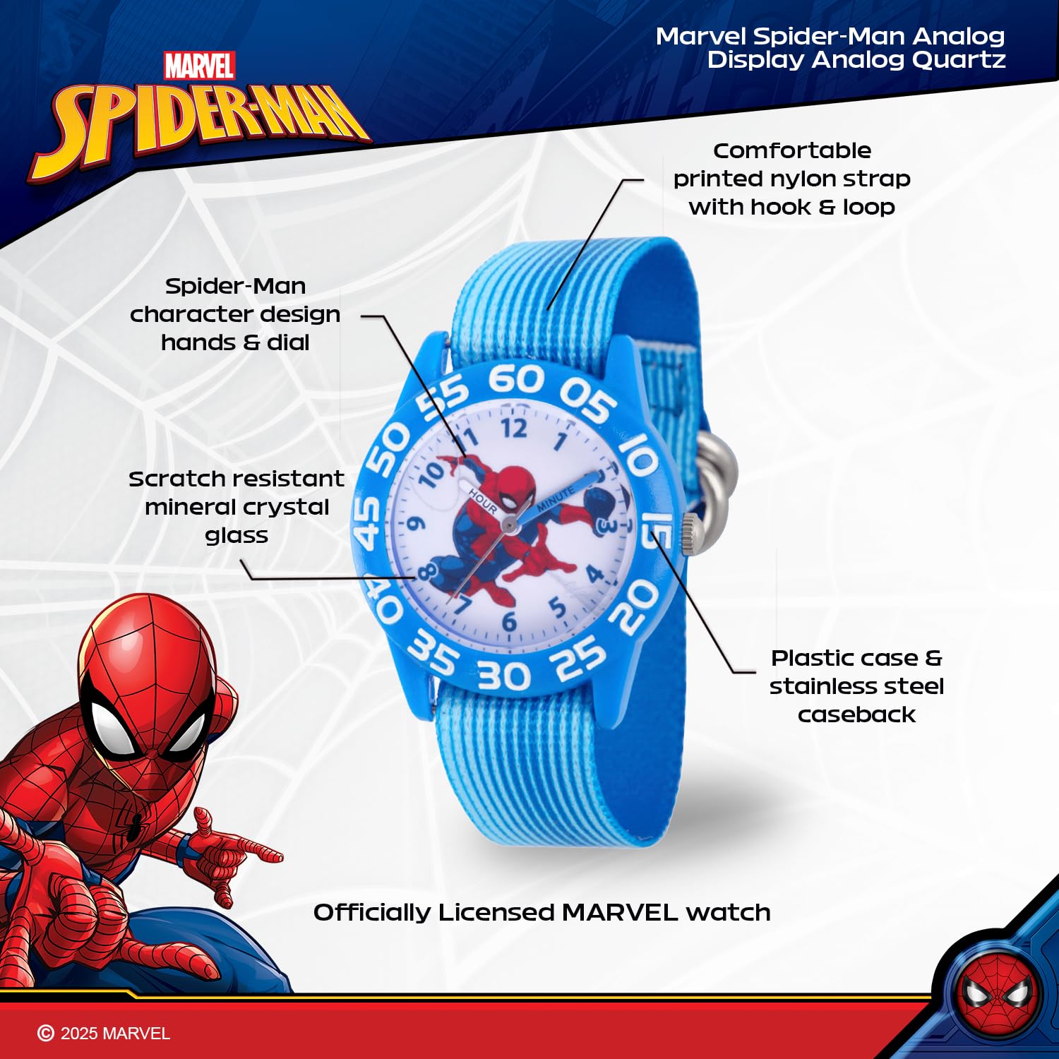 Marvel Spiderman Watch for Kids - Spiderman Watch Boys - Spider-Man Watches for Boys 4-6 - Toys - Kids - Marvel Toddler - Silver Case - 3D Silicone Plastic Strap