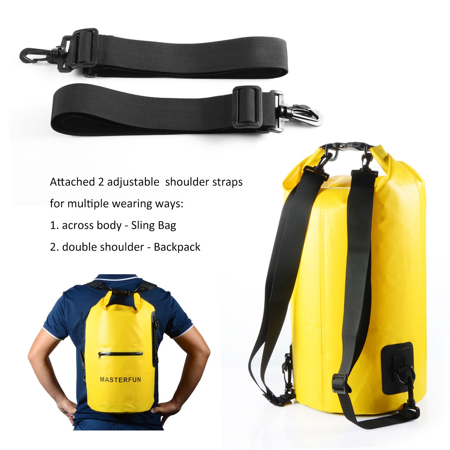 MASTERFUN Dry Bag Waterproof Backpack Gym Sack w/ Exterior Pocket Waterproof Zipper & Shoulder Strap & Handle for Boating Camping Kayaking Yellow 20L