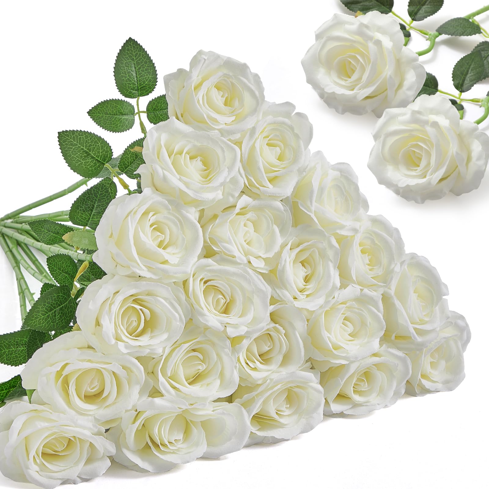 Photo 1 of Alecono 20pcs Fake Roses, 4in Big Velvet Flower Head White Roses Artificial Flowers with Stems for Wedding Decorations, Silk Roses Bulk for Home Decor