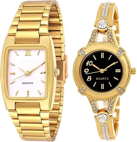knack Golden Plated Analogue White Dial Square Mens Watch and Fancy Diamond Studded Round BlackDial Womens Watch