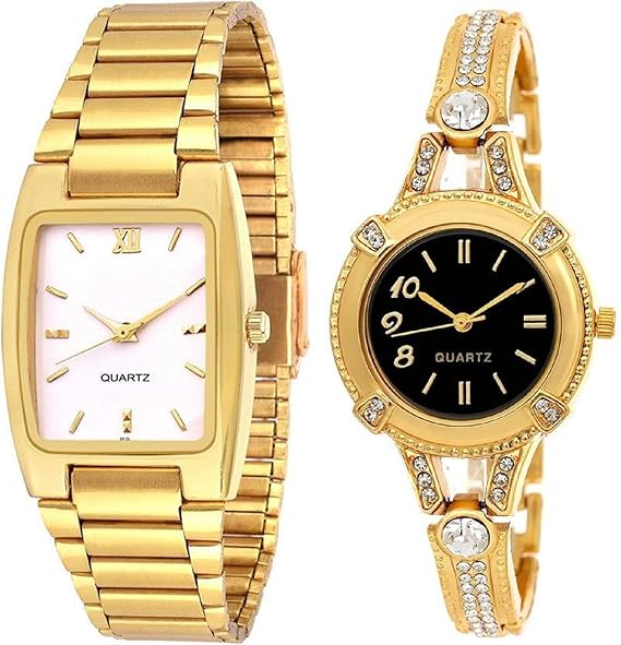 knack Golden Plated Analogue White Dial Square Men's Watch and Fancy Diamond Studded Round BlackDial Women's Watch