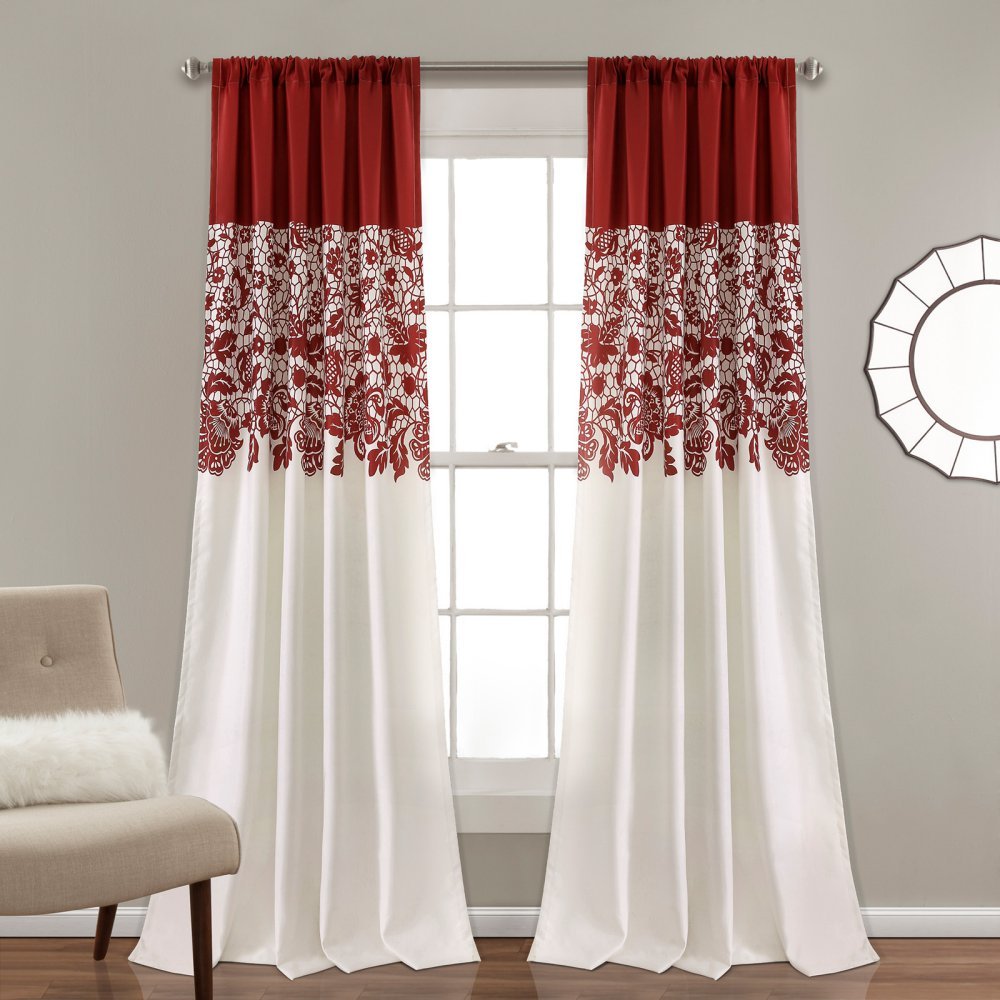 Lush Decor Estate Garden Print Curtains Light Filtering Window Panel Set for Living, Dining, Bedroom (Pair), 84” x 52”, Red — image 1