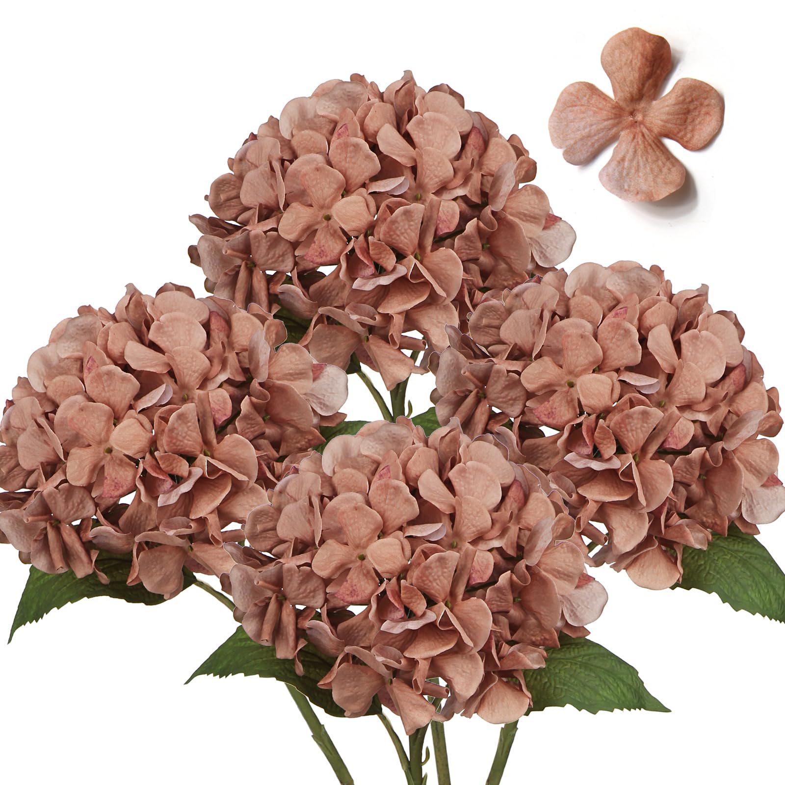 Hollyone 4 pcs Brown Hydrangea Artificial Flowers with 16.9'' Long Stem, Fake Flowers Dried Flowers, Artificial Hydrangea Plants for Kitchen, Home Decor, Party, Wedding Decorations