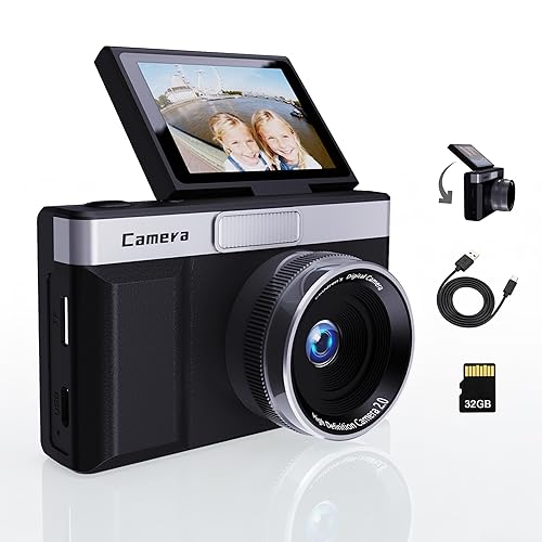 Black Digital Camera with 32GB Card, Compact Digital Camera with 2 Inch Flip Screen, 8x Digital Zoom, Small Portable Vlogging Camera for Kids, Teens & Beginners