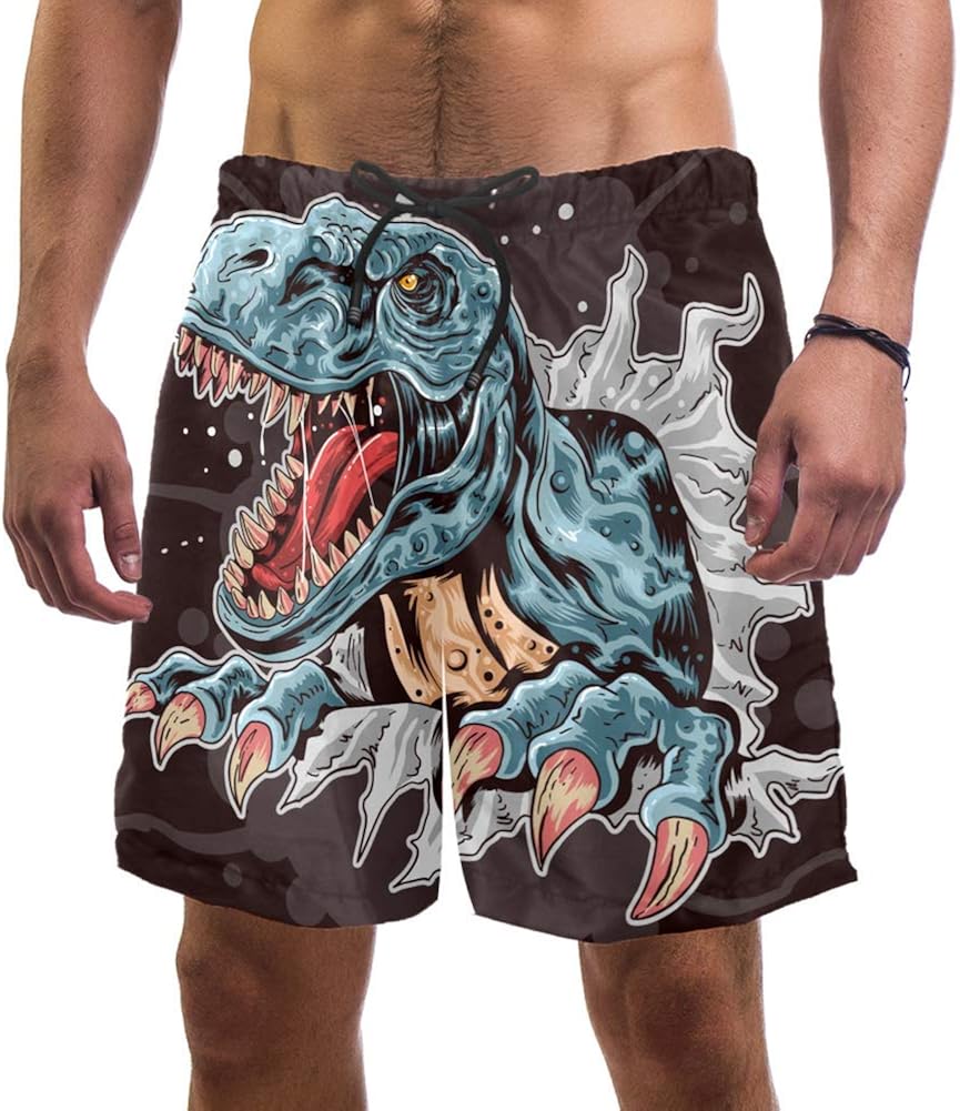 Blue Dinosaur Ferocious Mens Swim Trunks Quick Dry Bathing Suits Mesh