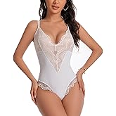 HappyJamJams Lace Shapewear Bodysuit Deep V Neck Tummy Control Corset Tops Sleeveless Backless Thong Body Suits
