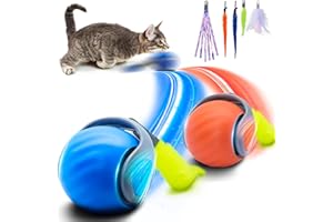 wisafoi 2Pcs Interactive Cat Toy for Indoor Cats, Speedy Ball with Tail, Automatic Moving Cat Balls for Bored Indoor Adult Cats, 360°Automatic Rolling Ball Toy, Two Speed Adjustment（Orange & Blue）