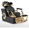 BarberPub Backwash Shampoo Station Chair, Retro Adjustable Porcelain Ceramic Hair Wash Bowl Unit Station, Shampoo Barber Chair with Vacuum Breaker for Spa Beauty Salon 8610 (Black&Gold)