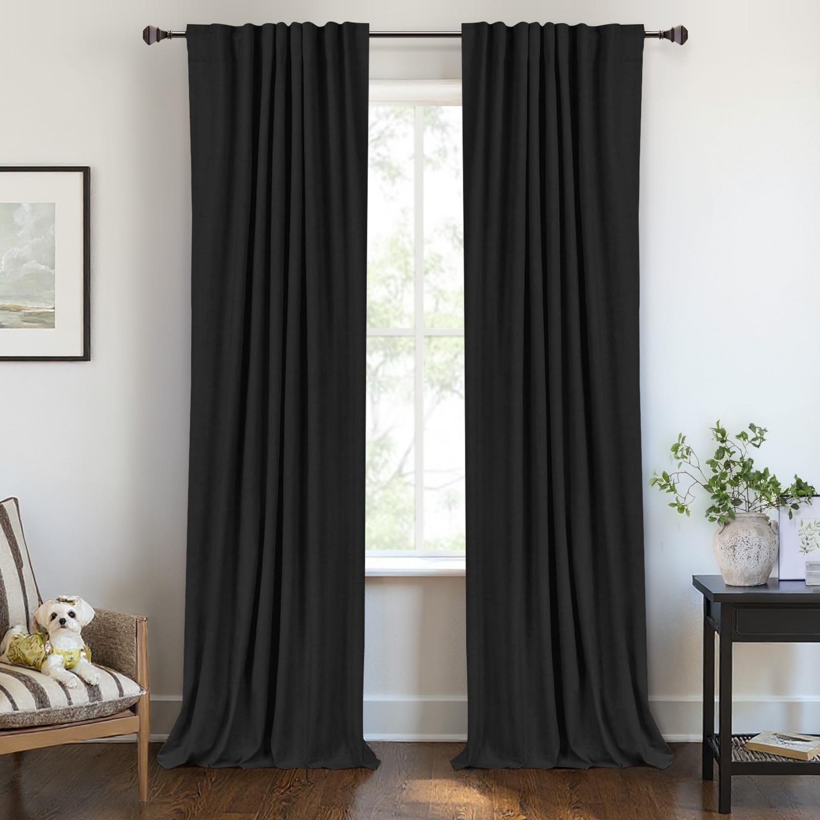 Photo 1 of 100% Blackout Shield Linen Blackout Curtains for Bedroom 84 Inches Long, Back Tab/Rod Pocket Living Room Drapes, Thermal Insulated Blackout Curtains 2 Panels Set, 50" W x 84" L, Black