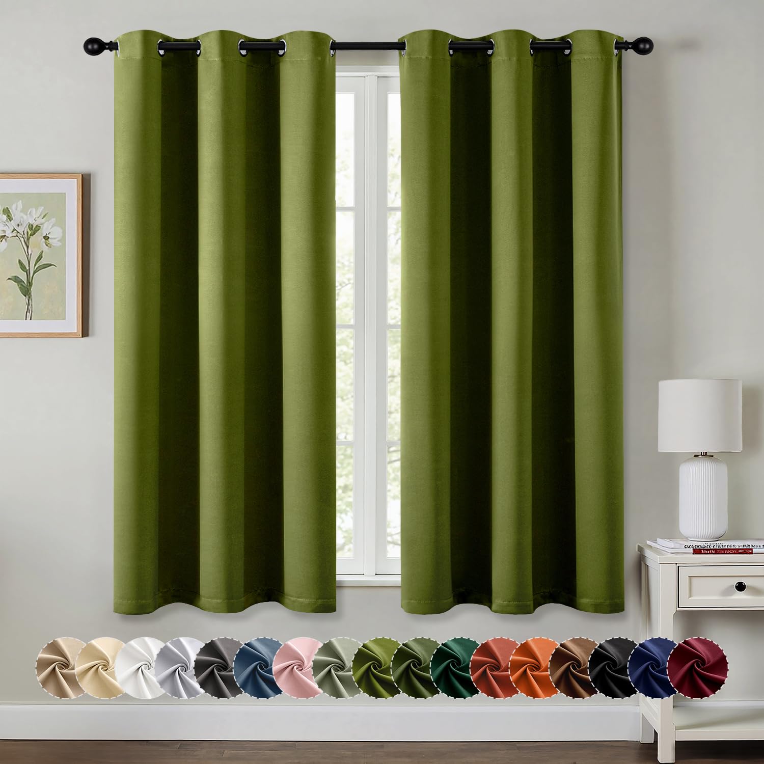MIULEE Light Olive Green Blackout Curtains for Bedroom Living Room 63 Inches Long 2 panels, Thermal Insulated Room Darkening Drapes Grommet Top Noise Reducing Light Blocking Window Curtains 40x63 Inch Image