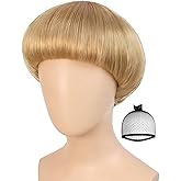 ANOGOL Hair Cap + Short Blonde Bowl Cut Wig Men with Bangs Blonde Mushroom Wigs 60s Wig Mens Funny Wigs for Movie Halloween Cosplay Costume Party Blond Bob Wigs for Men
