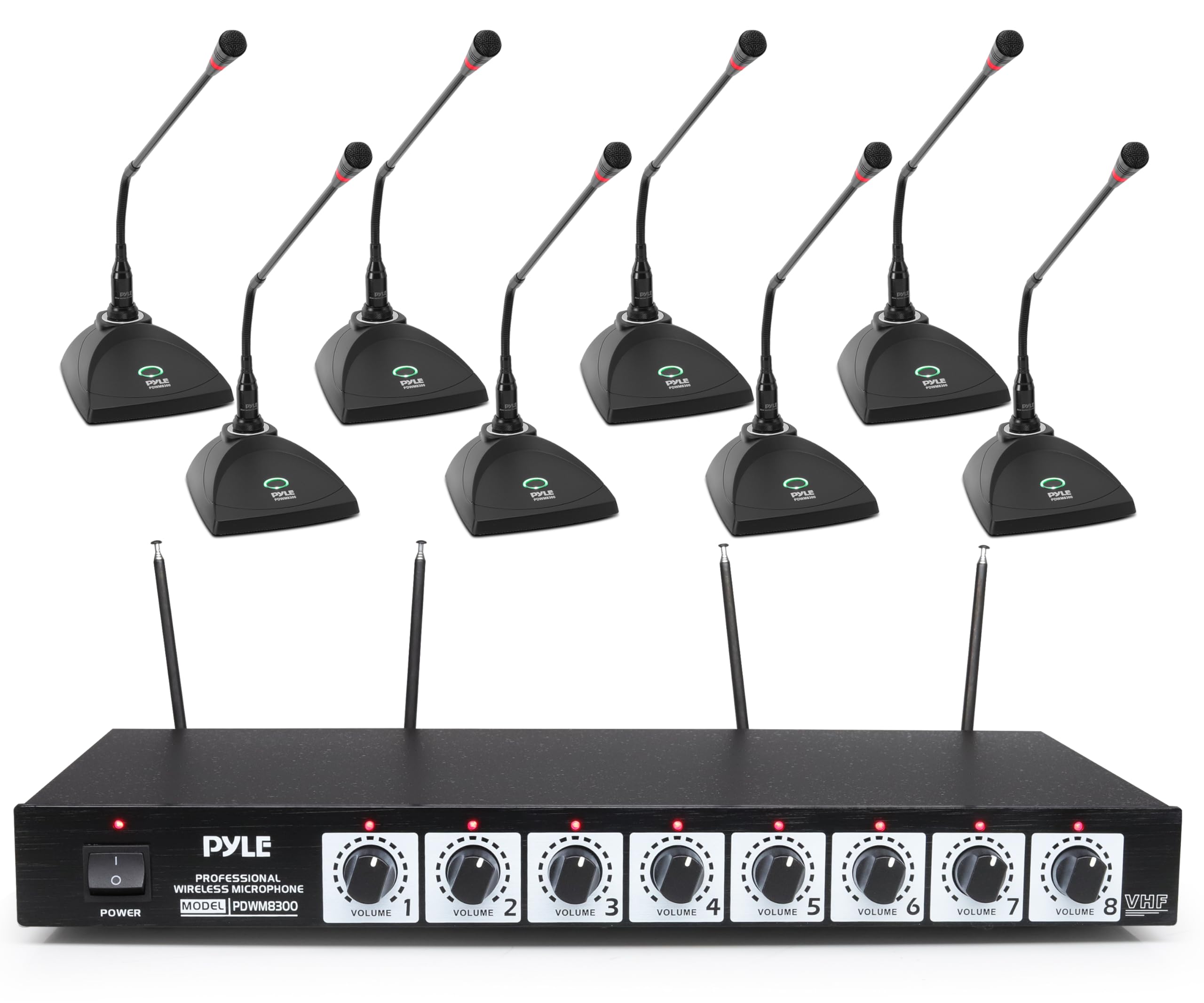 Pyle Sistema de micrófono inalámbrico de 8 canales – Juego de micrófono de audio inalámbrico VHF portátil con salida XLR de 1/4 pulgadas, antena dual, incluye 8 micrófonos de mesa, base receptora montable en rack – Pyle PDWM8300, negro