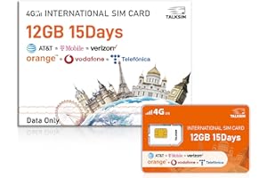 TALKSIM International Data SIM Card 12GB for 15 Days–4G LTE Coverage 45 Countries in USA,UK,Europe,Asia and Africa Prepaid Travel Data Only SIM for Unlocked WiFi Mobile Hotspot,Phones and Tablet–No Contract