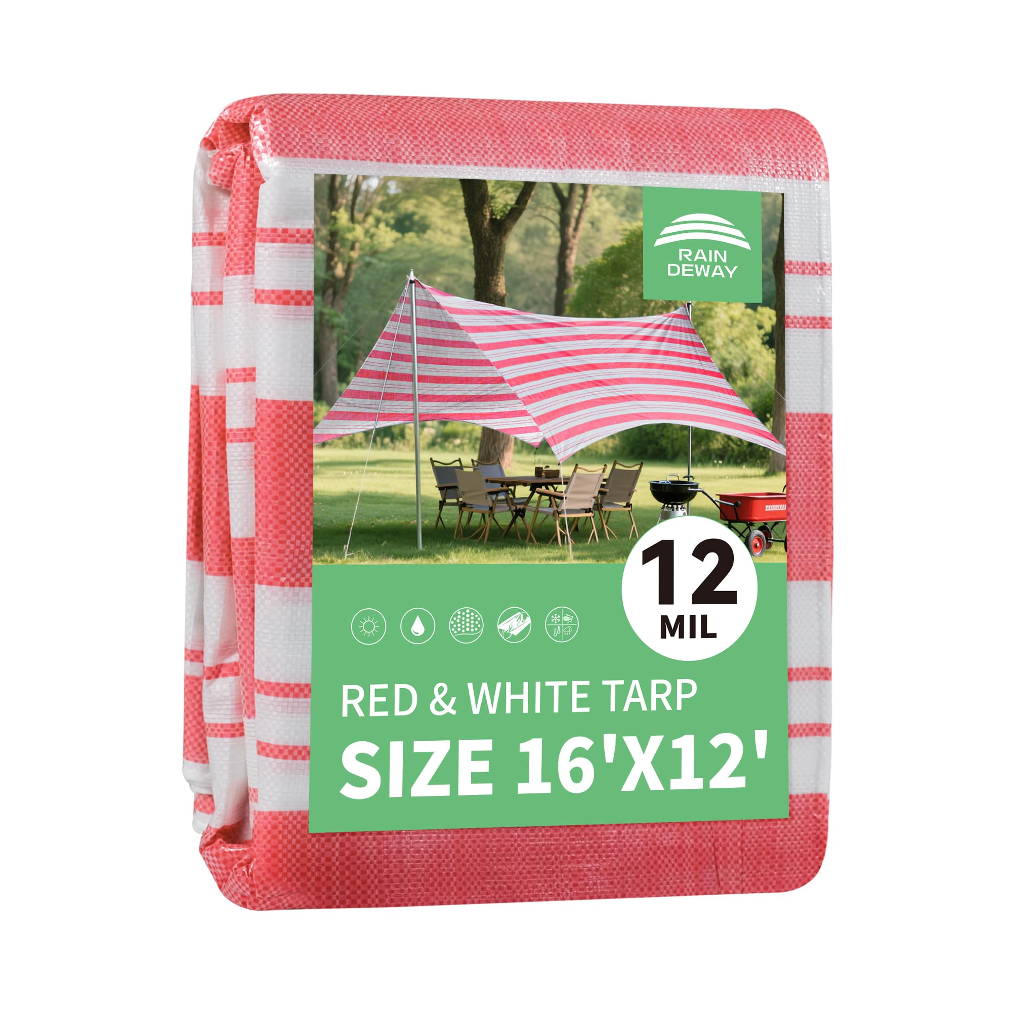 RAINDEWAY Tarps 12x16 Feet,12 Mil Sunshade Striped Tarp Waterproof,Multipurpose Poly Tarp Cover with Grommets and Reinforced Edges,Red/White Tarps Image
