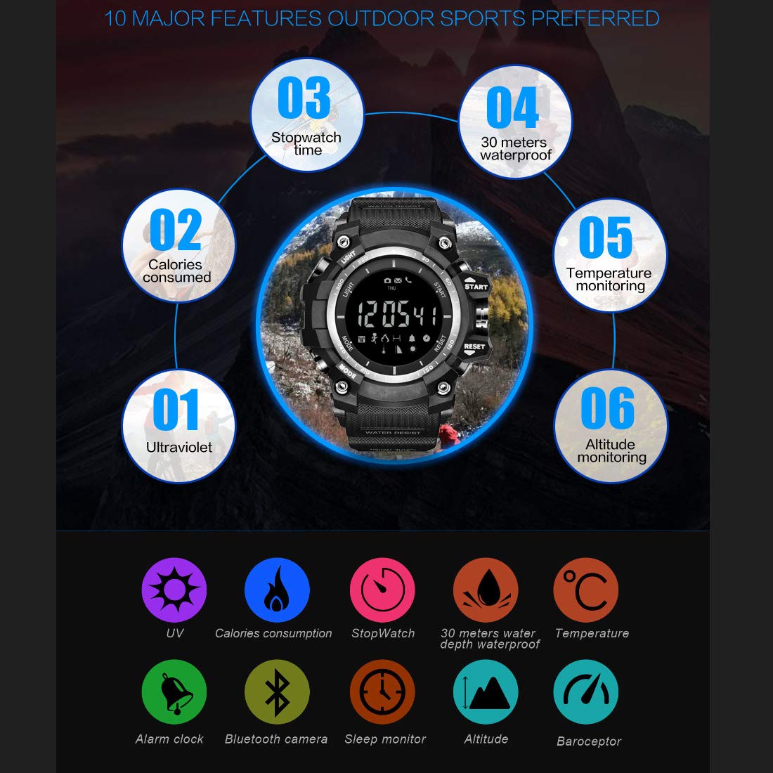 Men\'s Outdoor Sports Bluetooth Watch with Temperature Barometer Altimeter UV Monitor Digital Smart Watches with Call Message Reminder for Android iOS Phone (Silver Black)