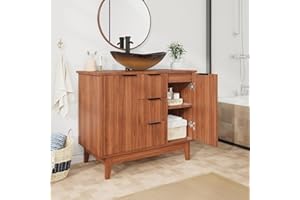 EROMMY 36" Bathroom Vanity with Sink, Rustic Freestanding Bathroom Sink Cabinet with 3 Drawers, 2 Door & Boat Tempered Glass Vessel Sink, Vanity Bathroom with Adjustable Shelf