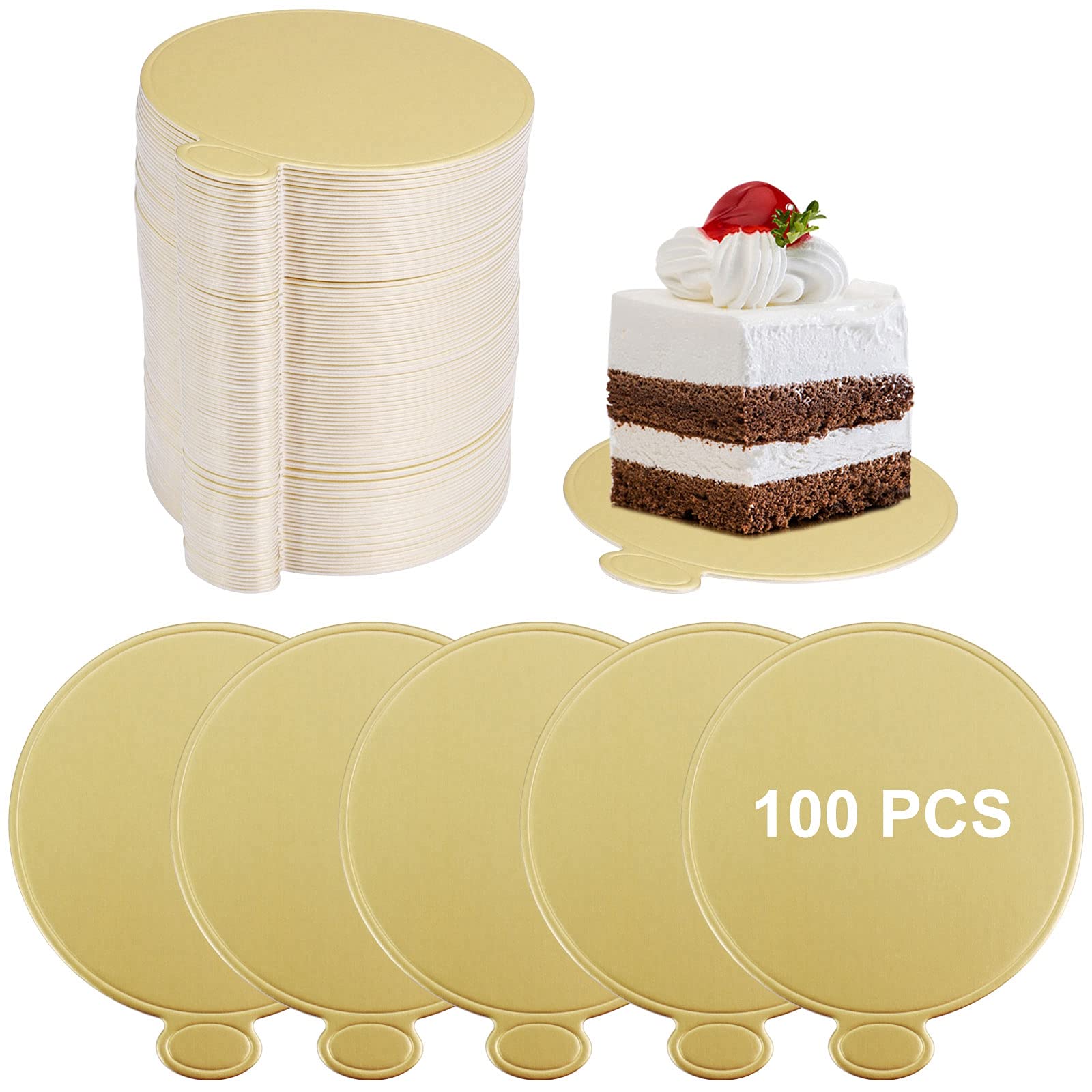 HONZUEN 100 Pack Mini Cake Boards, Round Gold Cake Board Plate 8cm/3.14in, Disposable Dessert Mat for Cupcakes, Mousse, Mini Desserts, Perfect for Wedding Birthday Party Display (Gold