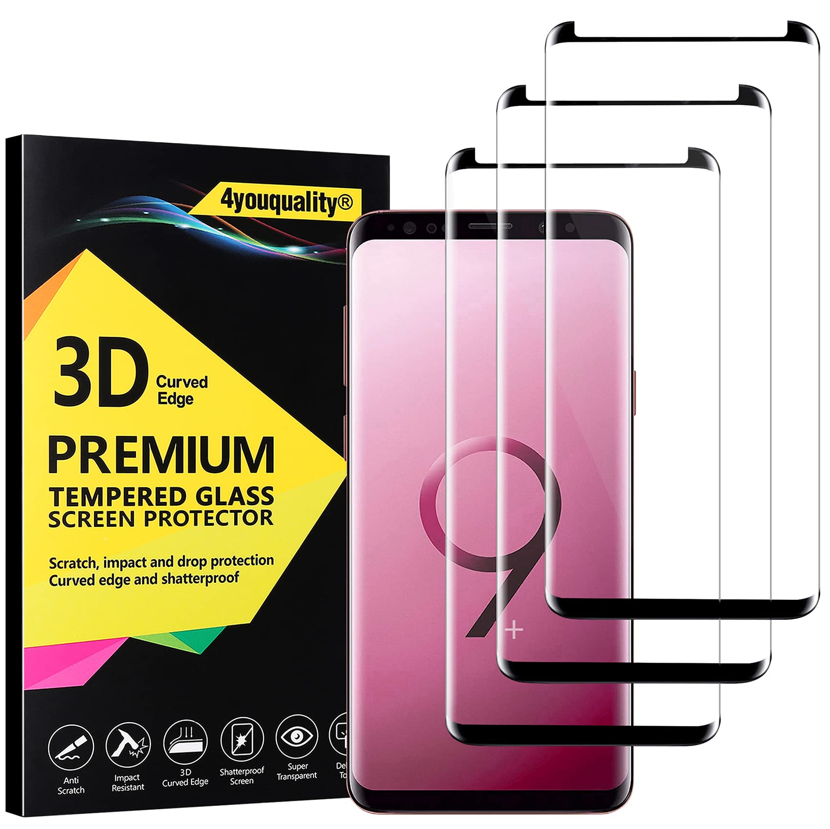 4youquality 3-Pack Samsung Galaxy S9 Plus /S9+ Screen Protector, Tempered Glass Film, LifetimeSupport, Full Coverage, Scratch-Resistant