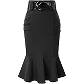 Belle Poque Women’s High Waisted Peplum Midi Pencil Skirt Work Business Skirts with Belt