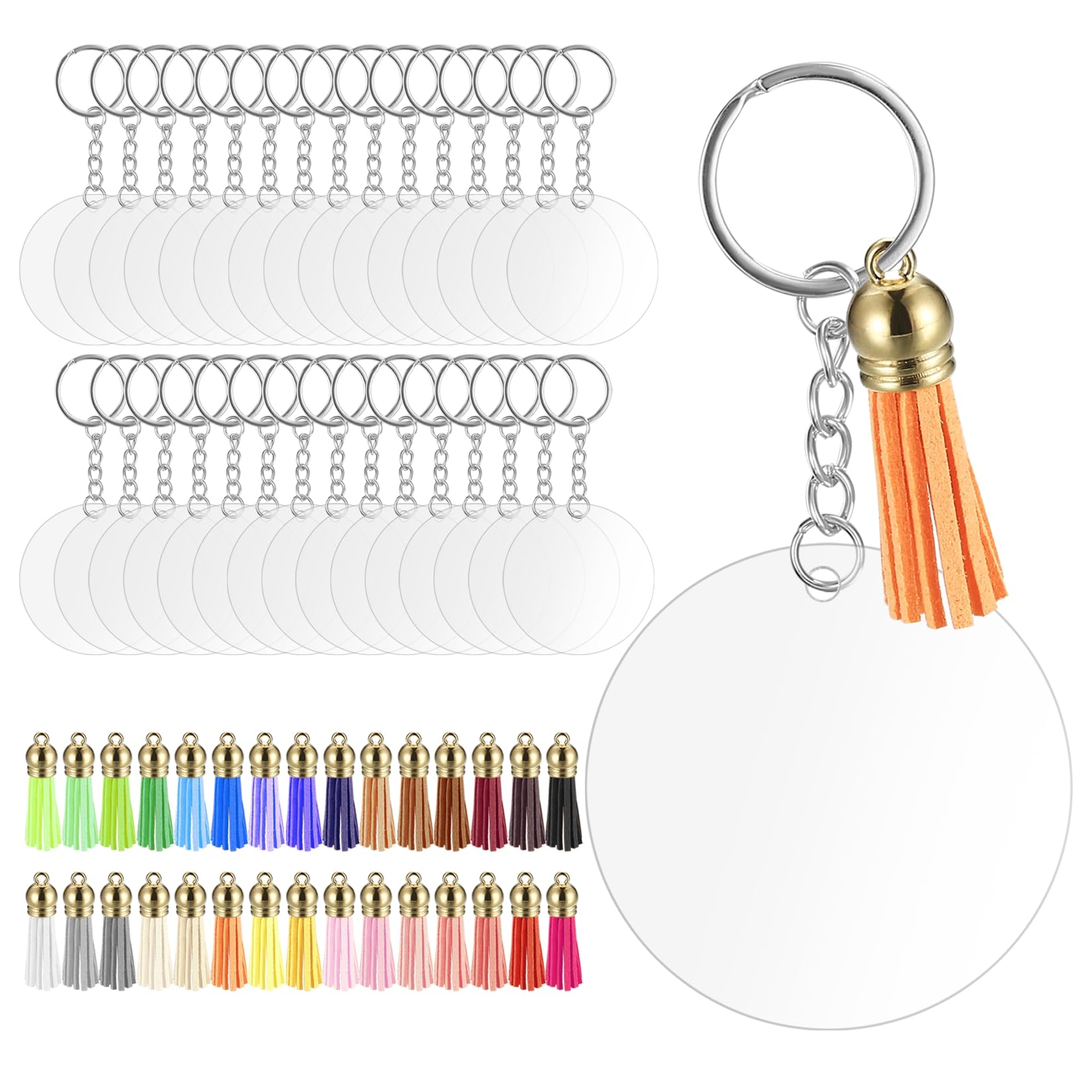 30 Pcs Acrylic Keyring Blanks, Round Plastic Keychain Blanks, Clear Acrylic Circle Blanks Discs & 30 Pcs Tassels &Key Rings, for DIY Crafts, Keyring Making