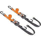 PowerTye 1.5in x 6.5ft Ergonomic Locking Ratchet Soft-Tye Straps with Heavy-Duty Latch Hooks - Made in USA - 1,000 lb. Working Load Limit / 3,000 lb. Breaking Strength - Orange/Black (Pair)