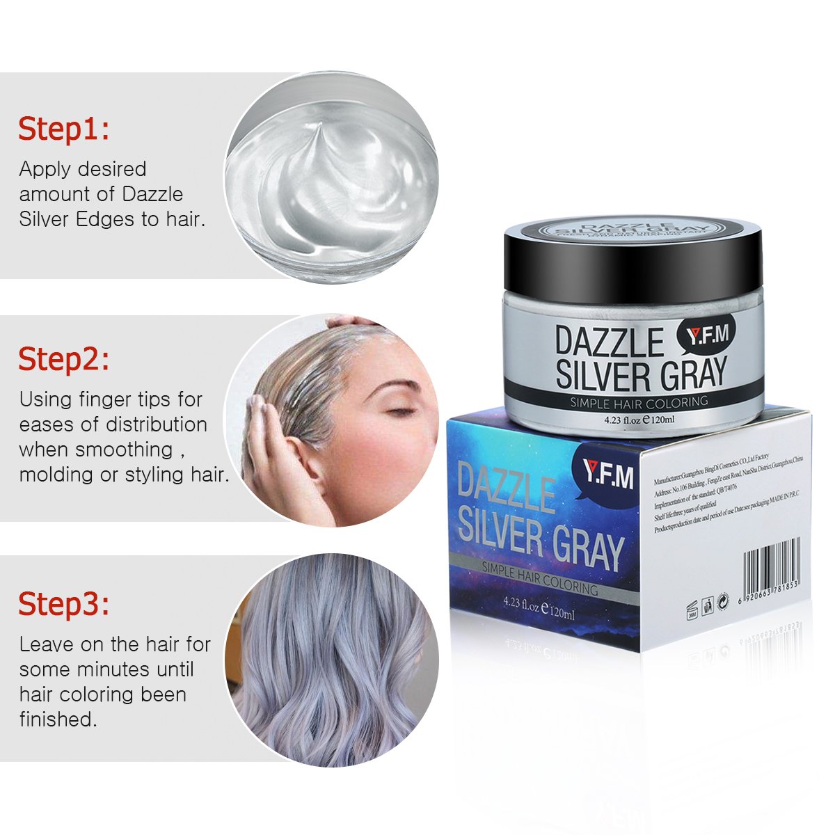 Temporary Silver Grey Hair Color Wax, Y.F.M Men Temporary Disposable Hair Mud Cream, Fresh and Natural Hairstyle Wax, Hairstyle Pomades for Party, Cosplay, Nightclub, Masquerade, Halloween 4.23.oz