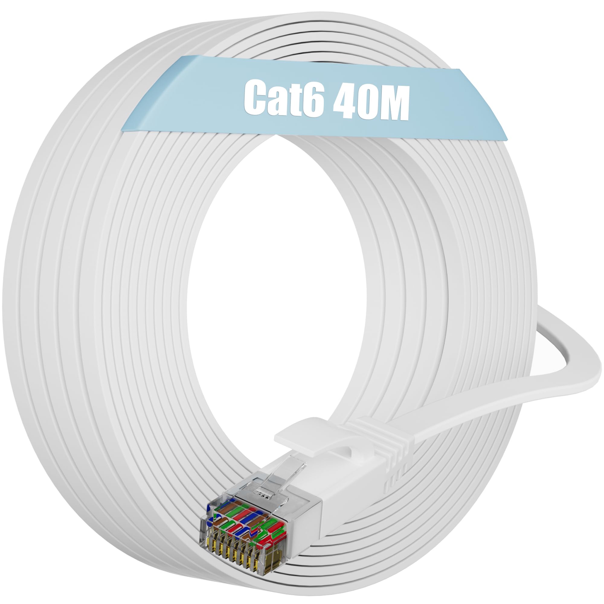 Soibke Ethernet Cable 40m, High Speed Cat 6 Internet Cable Flat Wlan, Long White Wifi Slim RJ45 LAN Cable, UTP Network Cable Gigabit 10/100/1000Mbit/s 250MHz Patch Cord for Modem (40 Clips)