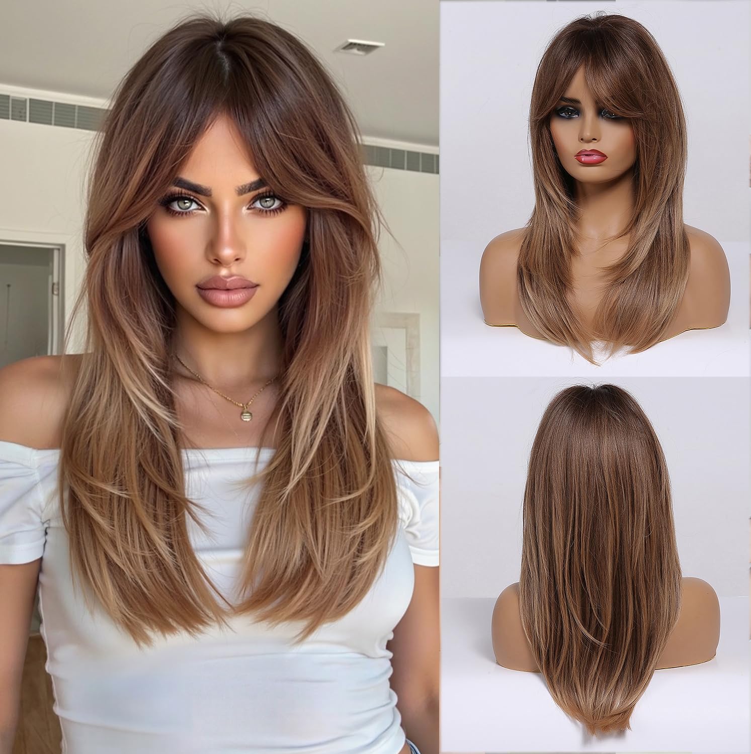 Esmee Long Straight Brown to Blonde Wig with Curtain Bangs Layered Synthetic Hair Wigs for Women for Daily Party Use