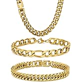 Aospkle 3PCS Cuban Link Figaro Bracelet Necklace, Silver Gold Black Sturdy 316L Stainless Steel Cuban Link Figaro Chain for Men Jewelry Set with Gift Message Card 8mm, 7/8/9 Inches