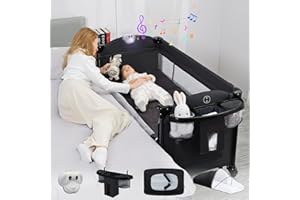 Bedside Crib 5-in-1 Baby Bassinet Bedside Sleeper with Storage, Pack and Play Bassinet Includes Diaper Changer/Mattress/Music