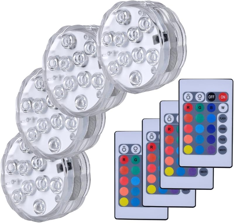 Hitopin Submersible LED Lights 4 Pieces Remote 16 Colors 4 Modes