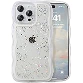 IAIYOXI Case for iPhone 15 Pro - Curly Wave Edge Design, Bling Glitter Star Shiny Case, Cute Pink Clear Full Protection Soft TPU Shockproof Cover for Women and Girls (iPhone 15 Pro, Clear)